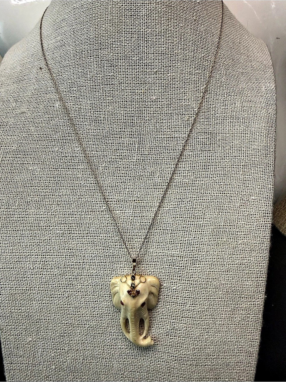 Vintage 14k Gold Chain & Carved Elephant, Rubies, Emerald, Sapphire. 906